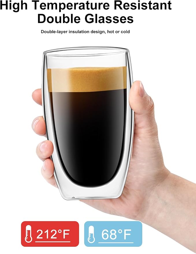 LUXU 16 Oz Double Walled Glasses Coffee Mugs,4-Pack Premium Coffee Cups,Double Wall Insulated Glass Coffee Cups,Clear Borosilicate Glass Mugs,Perfect for Cappuccino,Espresso,Hot Beverage and Beverage.
