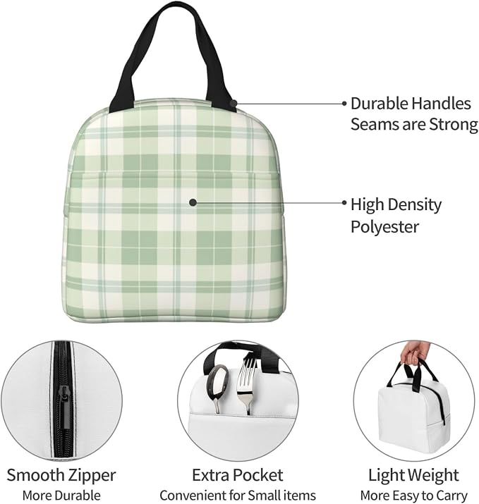 Lunch Bag Pastel Green Plaid Insulated Lunch Box Reusable Cooler Tote for Adults Student Girl Boy Work Office School Picnic Over 3 Years Old