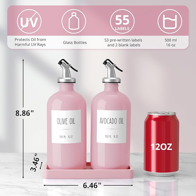 Olive Oil Dispenser Bottle for Kitchen, 16oz Glass Oil and Vinegar Dispenser Set with Wood Tray & 54 Labels - Coffee Syrup Dispenser - Pink Kitchen Decor and Accessories - Set of 2