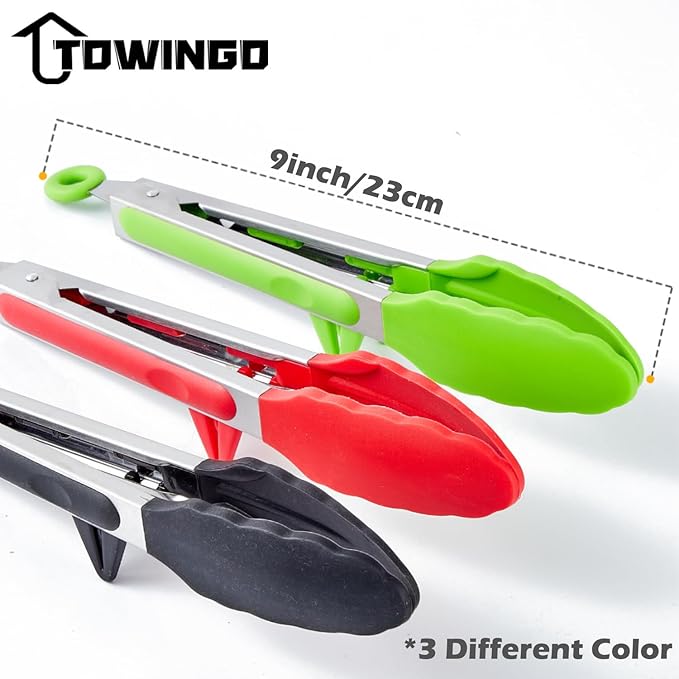 9" Kitchen Tongs, 3Pcs Tongs for Cooking with Silicone Tips, Food Grade Small Silicone Tong, Mini Serving Tong for BBQ Salad(Black,Red,Green)