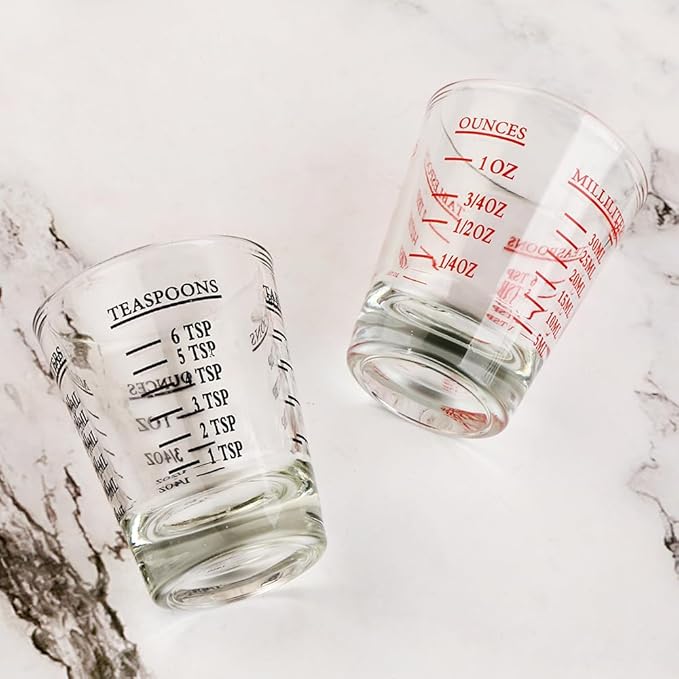 Set of 4 Shot Glasses - Heavy Glass, Perfect for Measuring Espresso, Wine, and More 26-Incremental Measurement 1oz, 6 Tsp, 2 Tbs, 30ml (4, Red+Black)