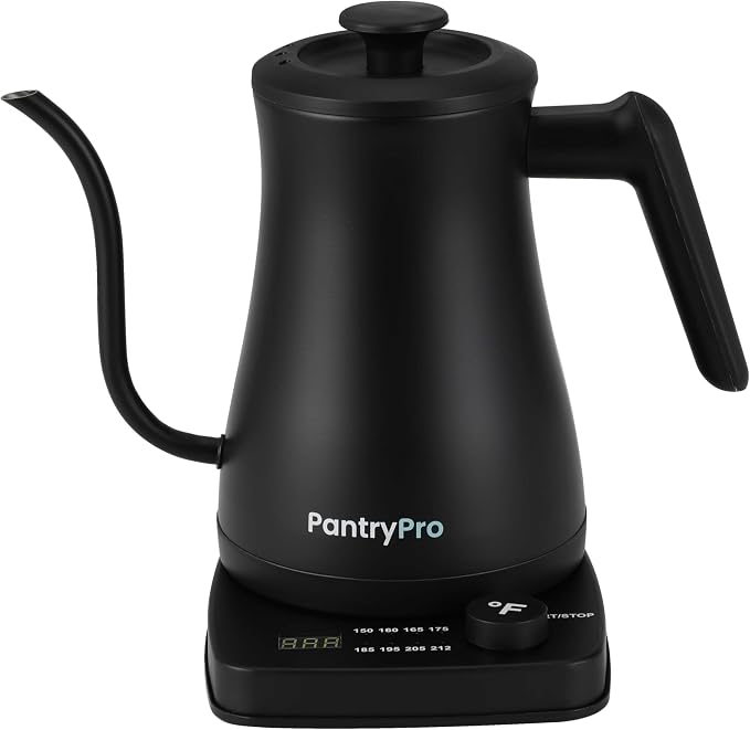PantryPro Gooseneck Electric Kettle with Temperature Control, 34oz/1.0L Rapid Boil, Stainless Steel Interior, Auto Shut-Off, 1500W, Boil-Dry Protection, LED Indicator - Black
