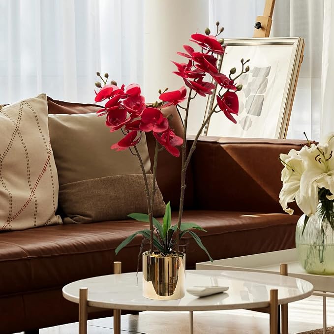CXGS Artificial Orchid Flower Plant Real Touch Faux Orchids in Ceramic Vase Red 19.7'' Fake Phalaenopsis Flower Arrangement Centerpiece Home Indoor Decor