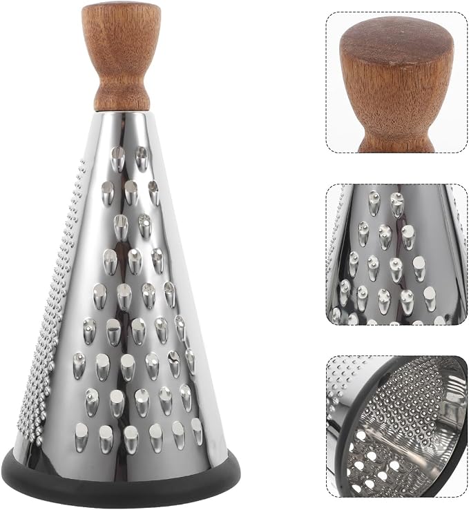 Cabilock 9.44 Inch Stainless Steel Cheese Grater with Wooden Handle Multifunctional Cone-Shaped Hand Grater for Cheese Vegetables and Fruit in Home Kitchen