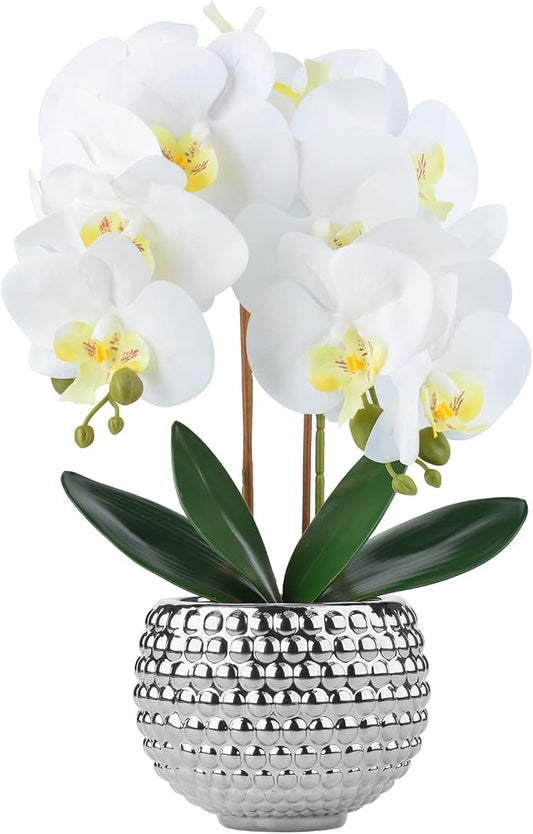 Large Orchids Artificial Flowers, 17'' White Faux Orchids with Gold Pot for Living Room Decor, White Faux Orchid Plant for Bathroom Kitchen Home Indoor Hotel Decor (Large Silver)