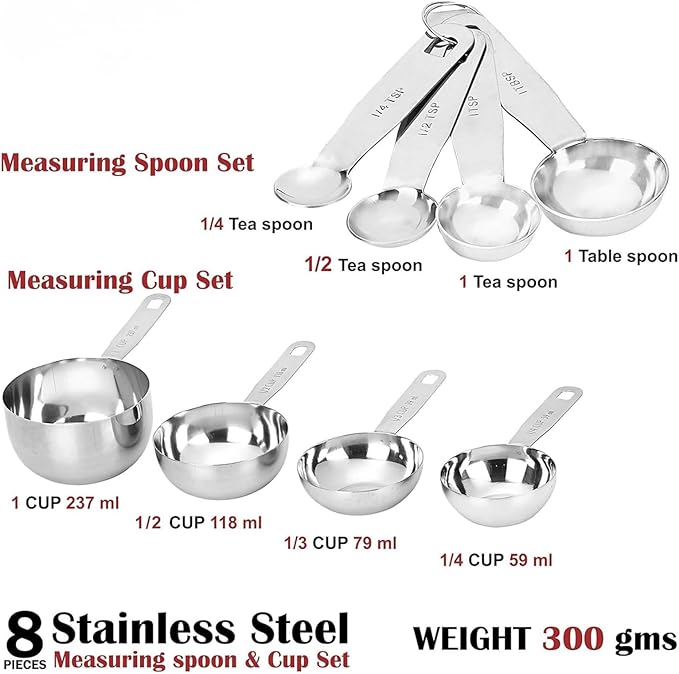 Stainless Steel Measuring Cups and Spoons Set, 8 Piece Professional Baking and Cooking Set with Engraved Measures, 4 Stackable Cups and 4 Stackable Spoons (Set of 8)