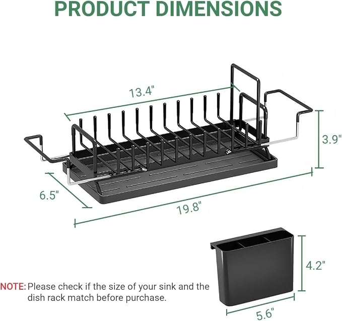 Small Dish Drying Rack in Sink, Expandable Dish Rack Over Sink with Silicone Drying Tray, Rustproof Compact Dish Drainer for Kitchen Counter with Utensil Holder, Fit for 14’’-19.5’’, Black