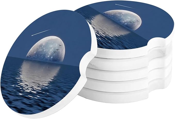 Car Coasters for Cup Holders 2.6" Dia Absorbent Coasters Set of 4 Car Interior Accessories for Women Ceramic Car Coaster for Drinks with Finger Grooves,Full Moon and Meteor Reflection on Sea Surface