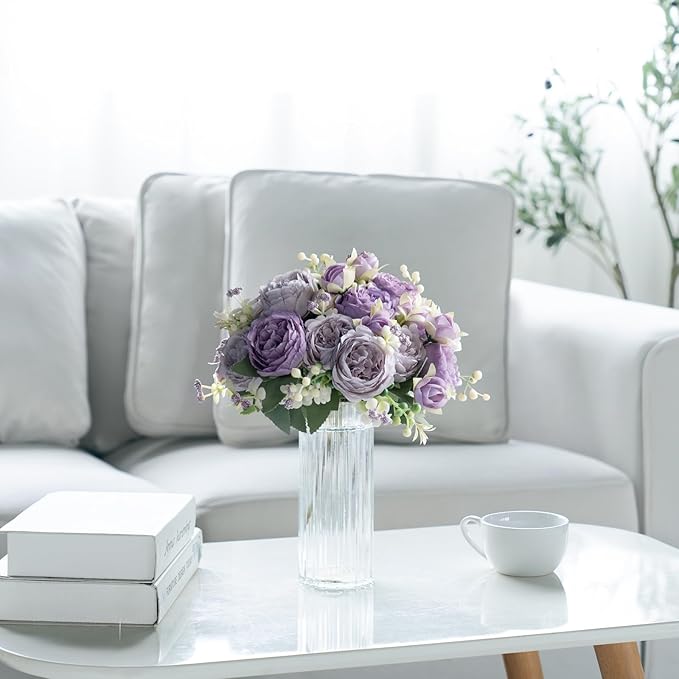Mkono Peonies Artificial Flowers, Small Silk Flowers for Home Decor Indoor Fake Bouquet Faux Floral Arrangements Dining Table Centerpieces for Kitchen Party Decor Purple