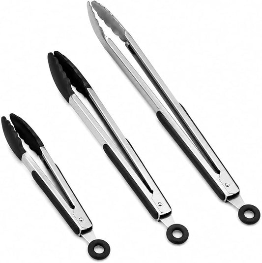 3 Pack Kitchen Tongs Set, 9+12+16" Cooking Tongs with Locking Mechanism, 9" & 12" Nonstick Tongs and 16" Stainless Steel Grill Tongs, Heat Resistant Food Tongs for Cooking, Serving, BBQ & Air Fryer