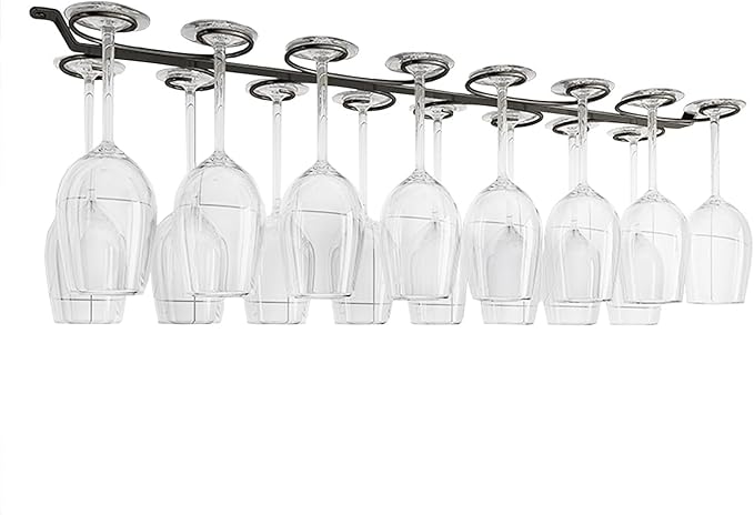Under Cabinet Wine Glass Holder Iron 12 Hooks, Black Wire Hanging Rack, Storage Hanger Organizer, Space Saving, With 6 Hooks For Multiple Uses, Easy To Install
