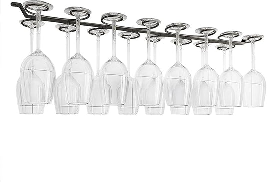 Under Cabinet Wine Glass Holder Iron 12 Hooks, Black Wire Hanging Rack, Storage Hanger Organizer, Space Saving, With 6 Hooks For Multiple Uses, Easy To Install