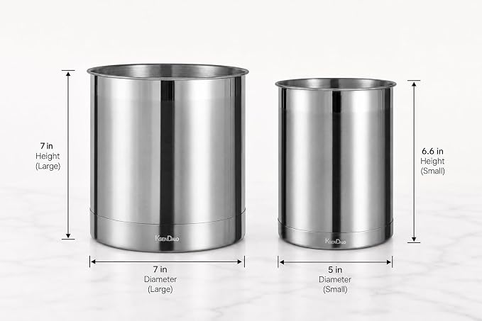 KSENDALO Jumbo Utensil Holder and Medium 6.6inch Utensil Crock Set for Countertop,Stainless Steel Utensil Caddy for Spoons, Silverware, and Spatulas for Kitchen, Silver