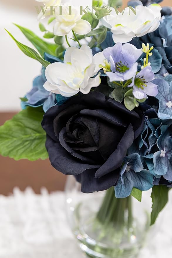 WELL KNOWN Fake Flowers in Vase with Fake Water, Artificial Flowers Indoor Arrangements, Faux Silk Blue Berry Rose Hydrangea Dining Table Centerpiece for Home Wedding Party Decor & Gift (Navy Blue)