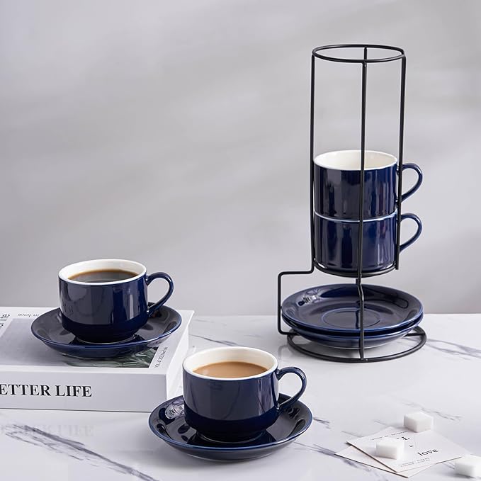 YOLIFE 8oz Porcelain Stackable Cappuccino Cups with Saucers and Metal Stand Set of 4, Coffee cups for Espresso, Specialty Coffee Drinks, Latte, Americano and Tea - Blue
