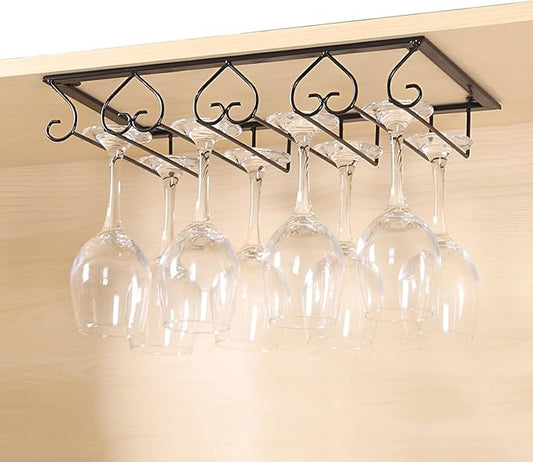 Wine Glass Rack Under Cabinet, Metal Wine Glasses Holders, Hanger Storage Organizer Hanging Glass, fit for Bar Kitchen 4 Rows(Black)