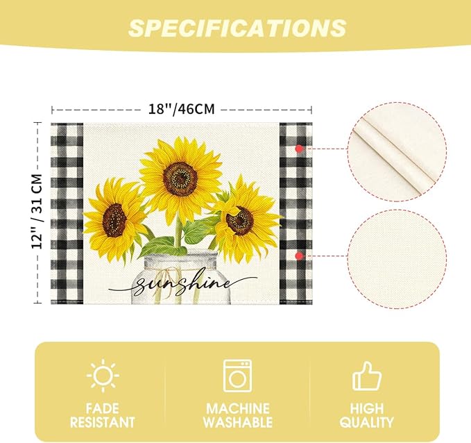 Artoid Mode Buffalo Plaid Sunflower Sunshine Vase Summer Placemats Set of 6, 12x18 Inch Spring Table Mats for Party Kitchen Dining Decoration