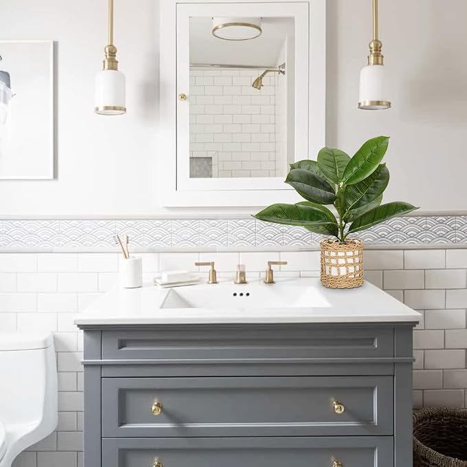 Briful Fake Plants Potted Plant Artificial Realistic Houseplant in White Ceramic Vase Wrapped Woven Pot, Fiddle Leaf Fig Faux Plant Indoor for Home Farmhouse Wedding Living Room Shelf Decor