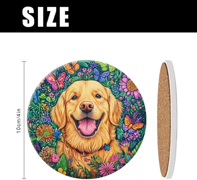 1 Pcs Coffee Cup Coasters for Drinks, Golden Retriever in Floral Paradise Round Absorbent Non-Slip Ceramic Stone Cork Coasters for Kitchen Living Room Office Decoration Bar (4 * 4 Inch)