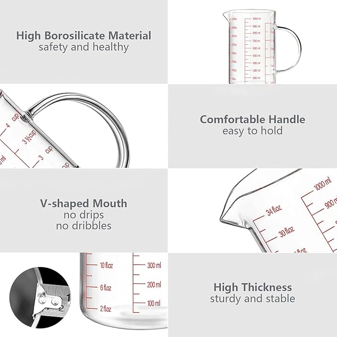 WhiteRhino Glass Measuring Cup,4Cup/1000ml/32oz Liquid Measuring Cups, Measuring Cup With Handle and V-Shaped Spout, Glass Beaker with Three Scales (OZ, Cup, ML), Dishwasher/Freezer/Microwave Safe