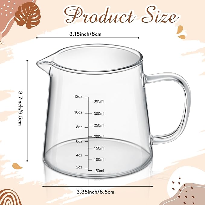 Honeydak 2 Pack 12oz Coffee Measuring Glass Cups Espresso Pitcher Heat Resistant Glass Coffee Measuring Cup Milk Frothing Pitcher Espresso Shot Glasses, Creamer Container, Microwave Dishwasher Safe