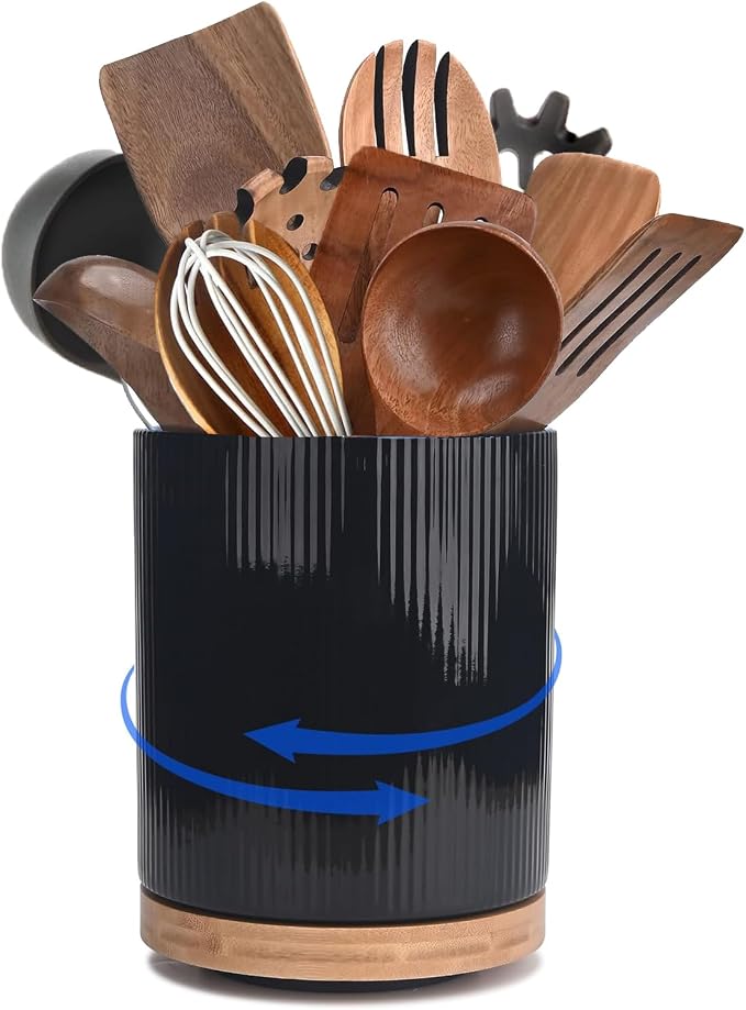 Extra Large Ceramic Utensil Crock for Kitchen Counter, 360° Rotating Utensil Holder Organizer Wide Mouth, No-Tip, Farmhouse Decor (Black)