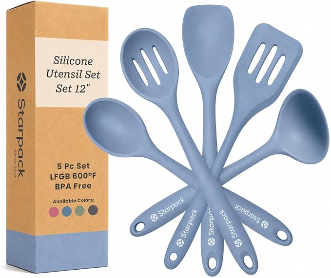 Starpack Stir and Serve Silicone Cooking Utensils Set (5-Piece, 11") - LFGB Non Toxic, 600°F Heat Resistant, BPA-Free - One-Piece Seamless, Dishwasher Safe - for Nonstick Cookware, Light Blue