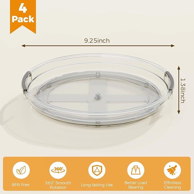 4 Pack Lazy Susan Organizer, 9.25 inch Lazy Susan Turntable for Cabinet Table Top Refrigerator, Rotating Organizers for Pantry Fridge, Clear