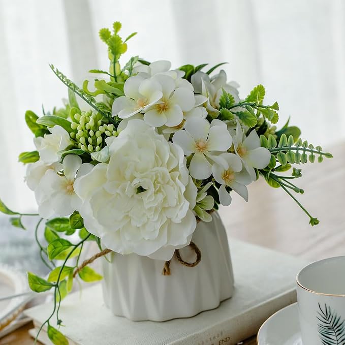 TKAS Fake Flowers Arrangement in Ceramic Vase, Artificial Faux Silk Roses & Hydrangea, Small Realistic Dried-Style Floral Dining Table Centerpiece for Wedding Party Home Decoration (White)