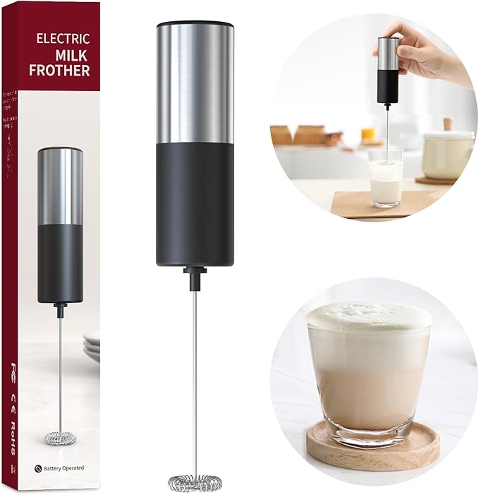 Electric Milk Frother Handheld Drink Mixer Hand Coffee Whisk Blender Foam Maker Egg Beater, Battery Operated Stainless Steel Whisk & Body, Milkshake Matcha Whisk, Mousseur à Lait Électrique