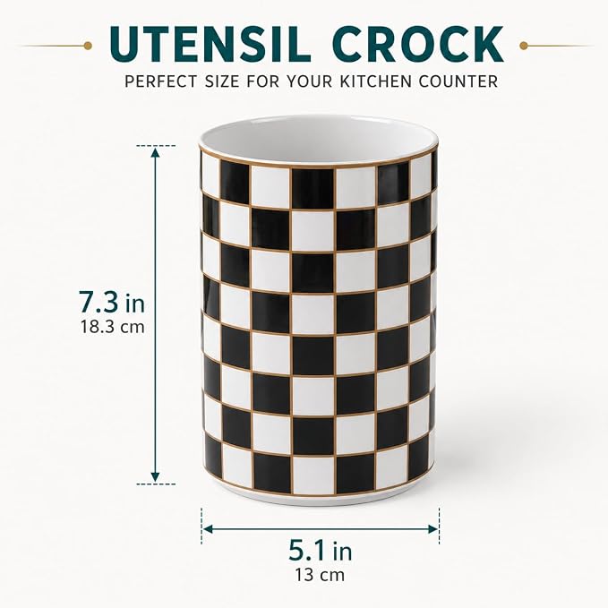 Checkered Kitchen Utensil Holder,Black And White Ceramic Cooking Utensil Holder Modern Utensil Crocks for Kitchen Counter,Housewarming Gift, Farmhouse Kitchen Decor and Accessories (Black)