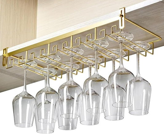 CAKERS Creative Wine Glass Holder|Under Cabinet Iron Art Stemware Rack|Hanging Wine Glass Drying Holder For Kitchen Bar Restaurant,Gold,5 Rows