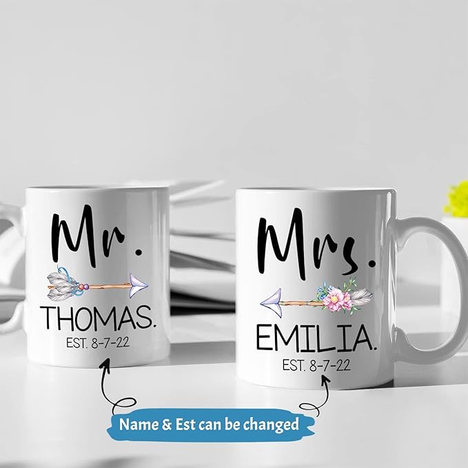 Custom Name With Est Mug, Couple Set Coffee Mugs, Personalized Mrs & Mr Ceramic Mug, Wedding Mug Set Of 2, Customized Couple Mug Design For Wife And Husband, Custom Couple Cup White 11oz Or 15oz