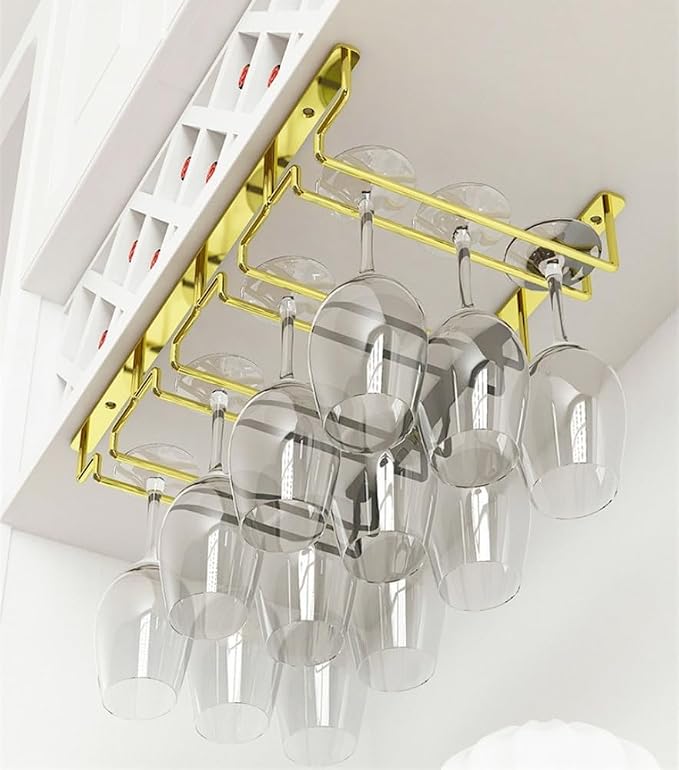 Wcxixo Gold Wine Glass Rack Under Cabinet Cup Storage Rack Wall Mounted Stemware Rack Wine Cup Hanging Shelf Display Stand for Red Wine Glass Champagne Glass Cocktail Glass