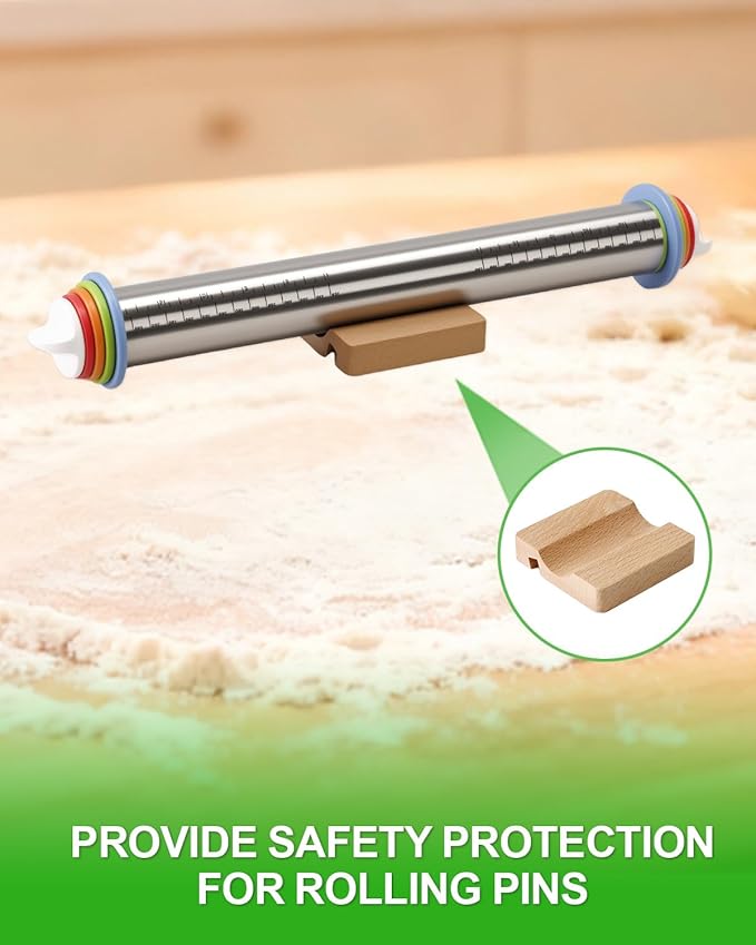 Adjustable Stainless Steel Rolling Pin with Thickness Rings for Baking, Dough Roller Pins for Cookie Decorating Baking Supplies with 1PCS Silicone Pastry Mat & 1PCS Rolling Pin Holder