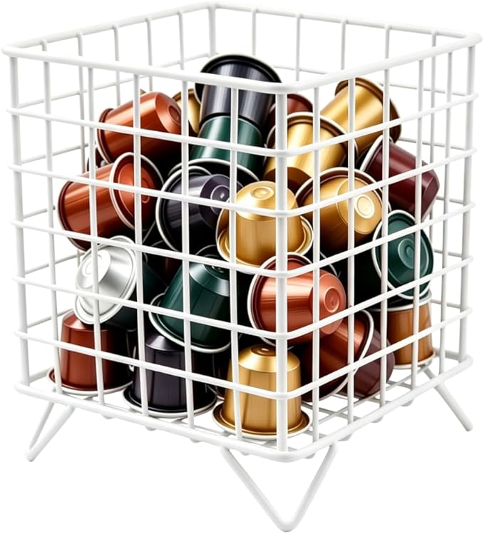 Coffee Pod Holder, Coffee Bar Counter Organizer Stand, Espresso Pods Filter Rack, Capsule Storage Basket for Kitchen Dinning Room Office Home Cafe Hotel, White
