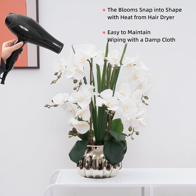 CXGS Artificial Orchid Flower Real Touch Faux Orchids in Ceramic Vase Large 22.9'' Fake Flowers White Phalaenopsis Floral for Home Indoor Decor