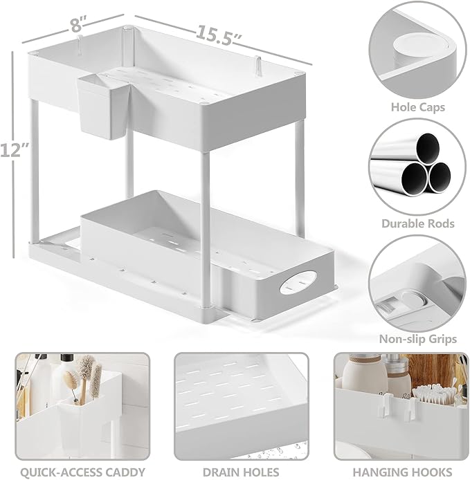 Under Sink Organizers and Storage | Bathroom Cabinet Organizer, Sink Shelf with Utility Hooks and Side Caddy for Under Cabinet Storage | White (1-Pack) Under Kitchen Sink Organizer with Sliding Drawer