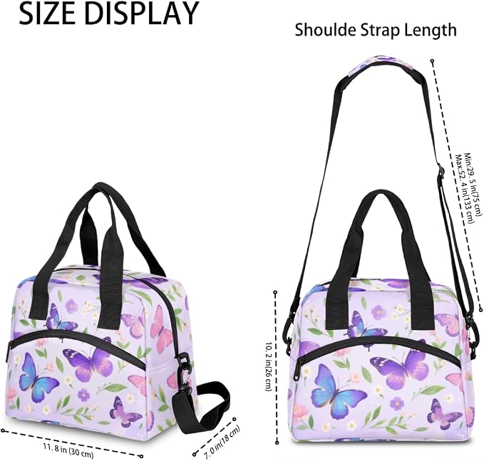 Elegant Purple Butterfly Lunch Bag Women Lunch Box for Women Adult Men Reusable Cute Lunch Box Tote Cooler Bags Insulated Portable Lunch Containers for Work, Office, Travel, Picnic