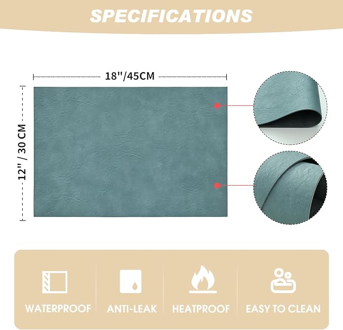 Artoid Mode Blue Faux Leather Placemats Set of 6, 12x18 Inch Waterproof Wipeable Heat Resistant Vinyl Place Mats, Reversible Table Mats for Winter Kitchen Dining Decor