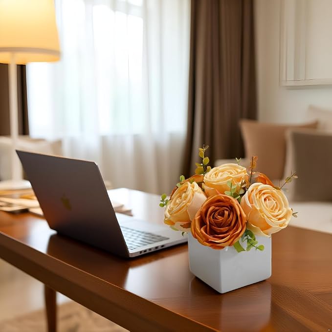 Fall Artificial Orange Silk Fake Rose with Ceramic Vase Autumn Table Decor | White Ceramic Vase Floral Arrangement, Autumn Decor for Office Kitchen Shelf Bathroom Shelf FarmhouseThanksgiving Halloween
