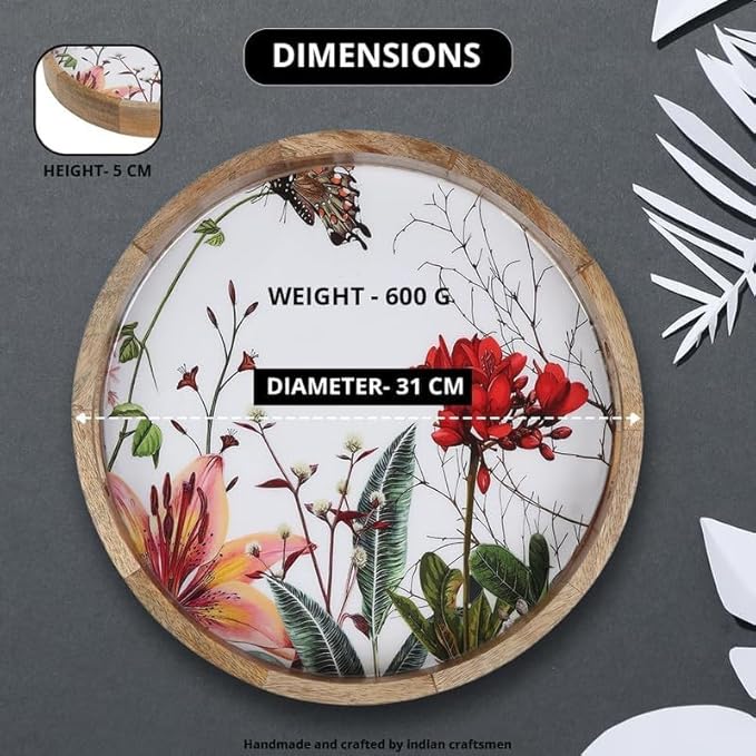 Zenith’s Decor Handmade Wooden Round Shape Tray for Serving Snacks, Appetizer Plate, Multipurpose Breakfast, Coffee Table 32 cm Diameter