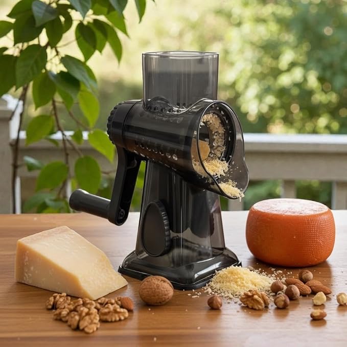 Rotary Cheese Grater | Hand Crank Grates Cheese, Vegetables, Nuts and Chocolate | 3 Stainless Steel Blades | Strong Suction Base | Easy to Clean | One Piece Body | Charcoal Gray and Teal