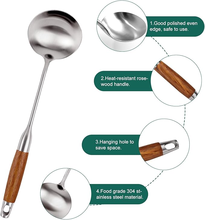 2PCS Soup Ladle Stainless Steel and Slotted Spoon Set, 304 Wok Utensils Set with Wooden Handle, Metal Strainer Spoon for Cast Iron/Carbon Steel Wok