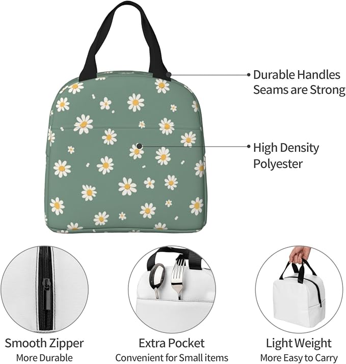 Lunch Bag Daisy Flower Green Insulated Lunch Box Reusable Cooler Tote for Adults Student Girl Boy Work Office School Picnic Over 3 Years Old