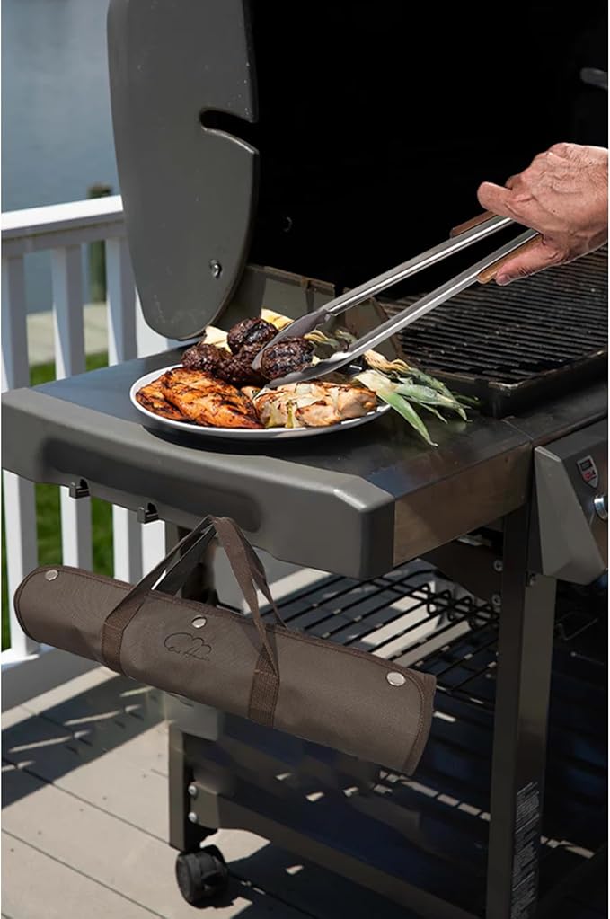 5pcs BBQ Grill Accessories Set - Stainless Steel Grilling Tools with Ergonomic Wooden Handle Includes Spatula, Tongs, Knife, Fork & Carry Bag, Grill Tools Set BBQ Utensils Gifts Set for Men Dad