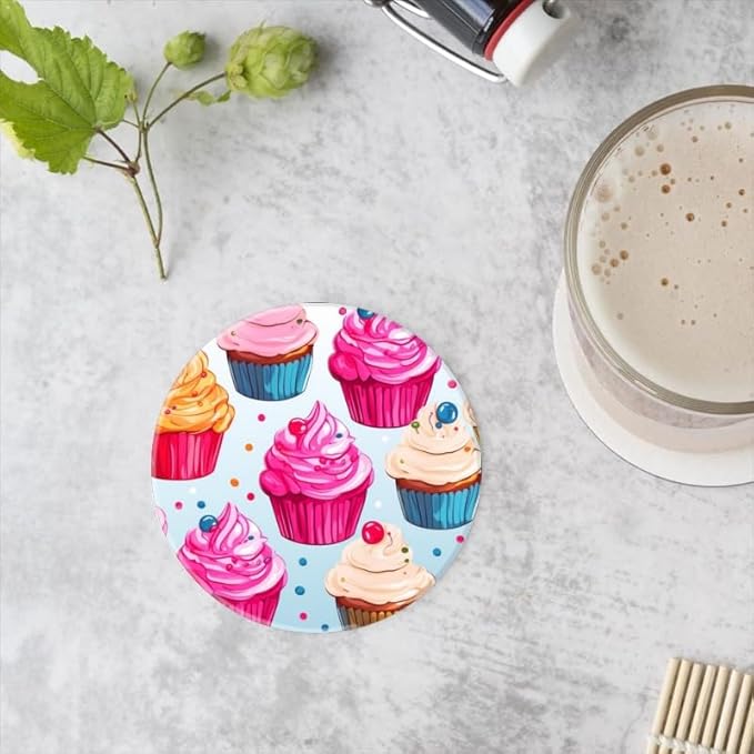 Ceramic Stone Coasters for Drinks Set of 1, Cupcakes Cute Round Absorbent Cup Coasters Protection for Coffee Table Kitchen Counter Decor (4 * 4 Inch)