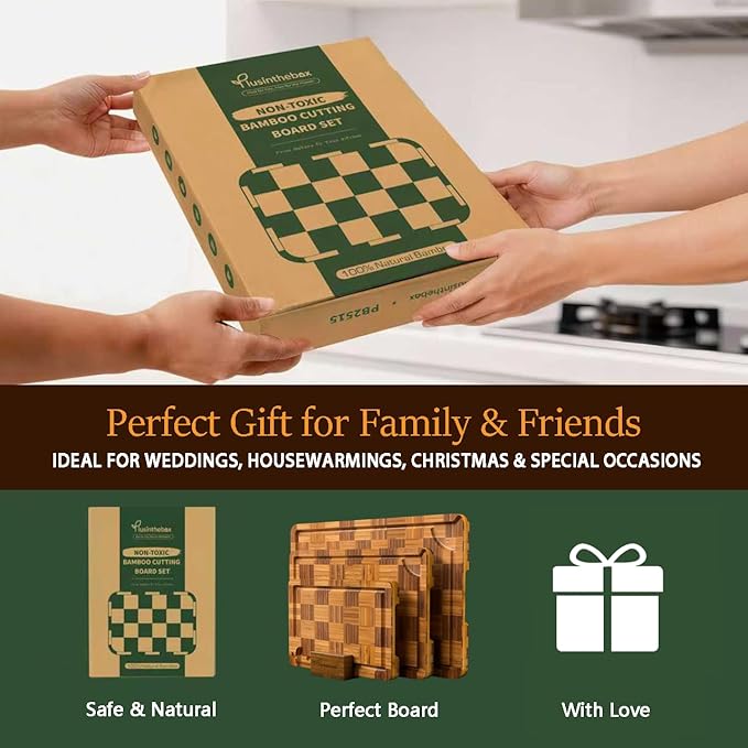 Bamboo Cutting Board Set of 3 with Stand, Checkered End Grain Cutting Boards for Kitchen with Deep Juice Grooves for Meat, Cheese, Charcuterie and Kitchen Prep