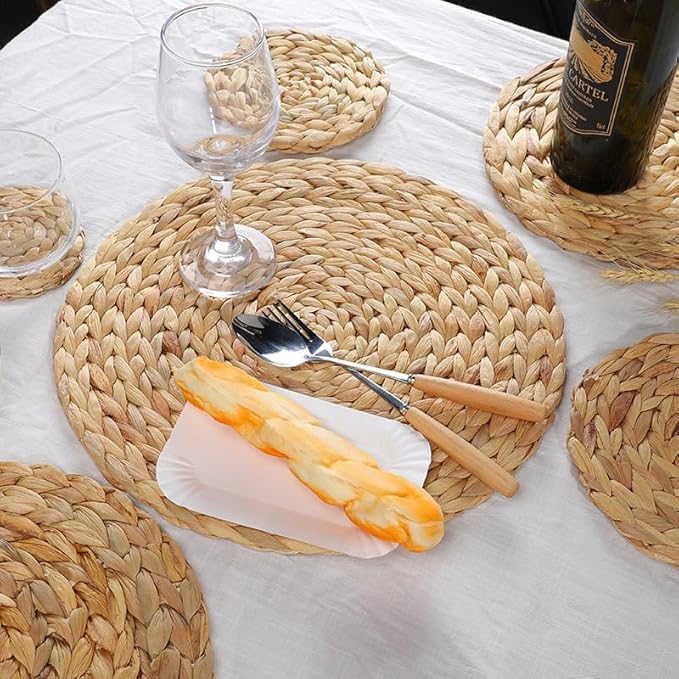 6 Pack Woven Placemats, Round Wicker Placemats, Rattan Place mats, Natural Hand-Woven Water Hyacinth Table Mats, Braided Straw Table Mats for Dining Table (15 inch)
