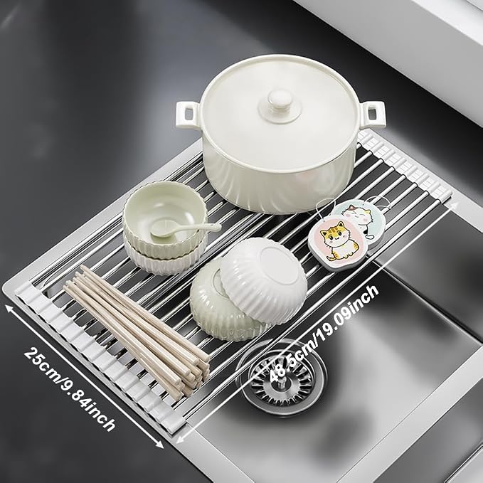 Roll Up Dish Drying Rack Over Sink Drying Rack Sink Cover Kitchen Sink Accessories Multipurpose Organizer Foldable Stainless Steel Drainer (15 Rods)